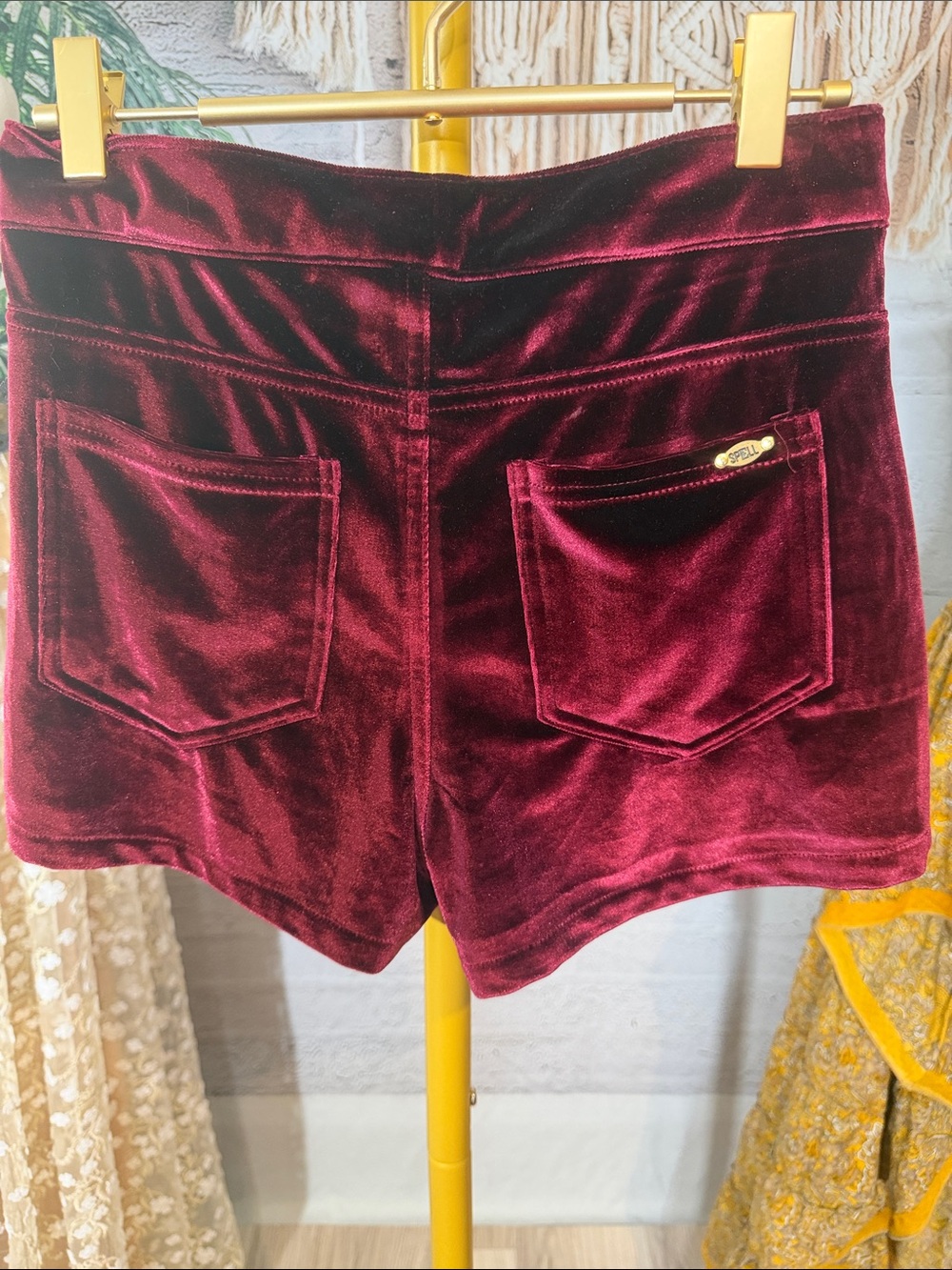 Spell Velvet High-Waist Shorts in Burgundy
